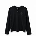 A black long-sleeve henley shirt with a three-button placket and a dark gray embroidered 'FC' logo on the left chest, displayed against a plain white background.